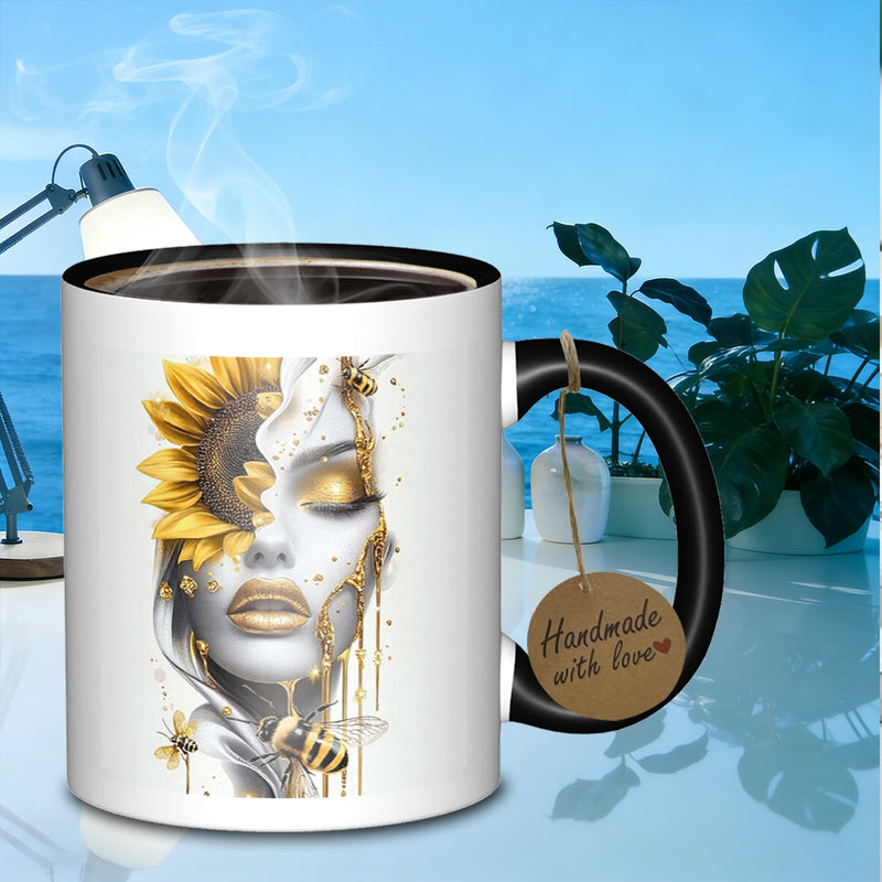 Tailorly Black Accent 11 oz Mug - floral woman with bees