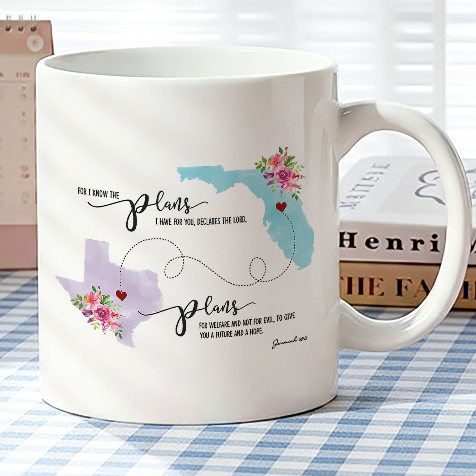 Tailorly White Ceramic 11 oz Mug - inspirational bible verse， watercolor map of Texas and Florida