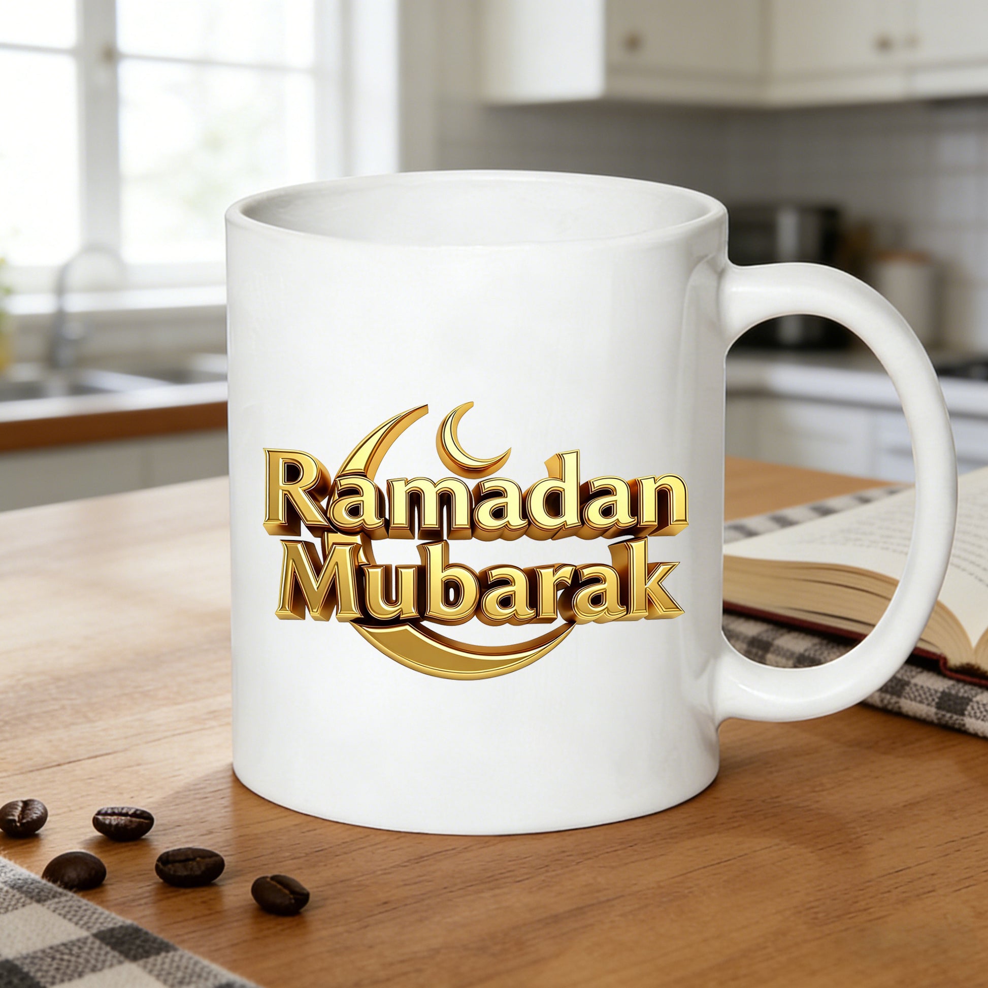 Tailorly White Ceramic 11 oz Mug - happy ramadan with 3d golden text