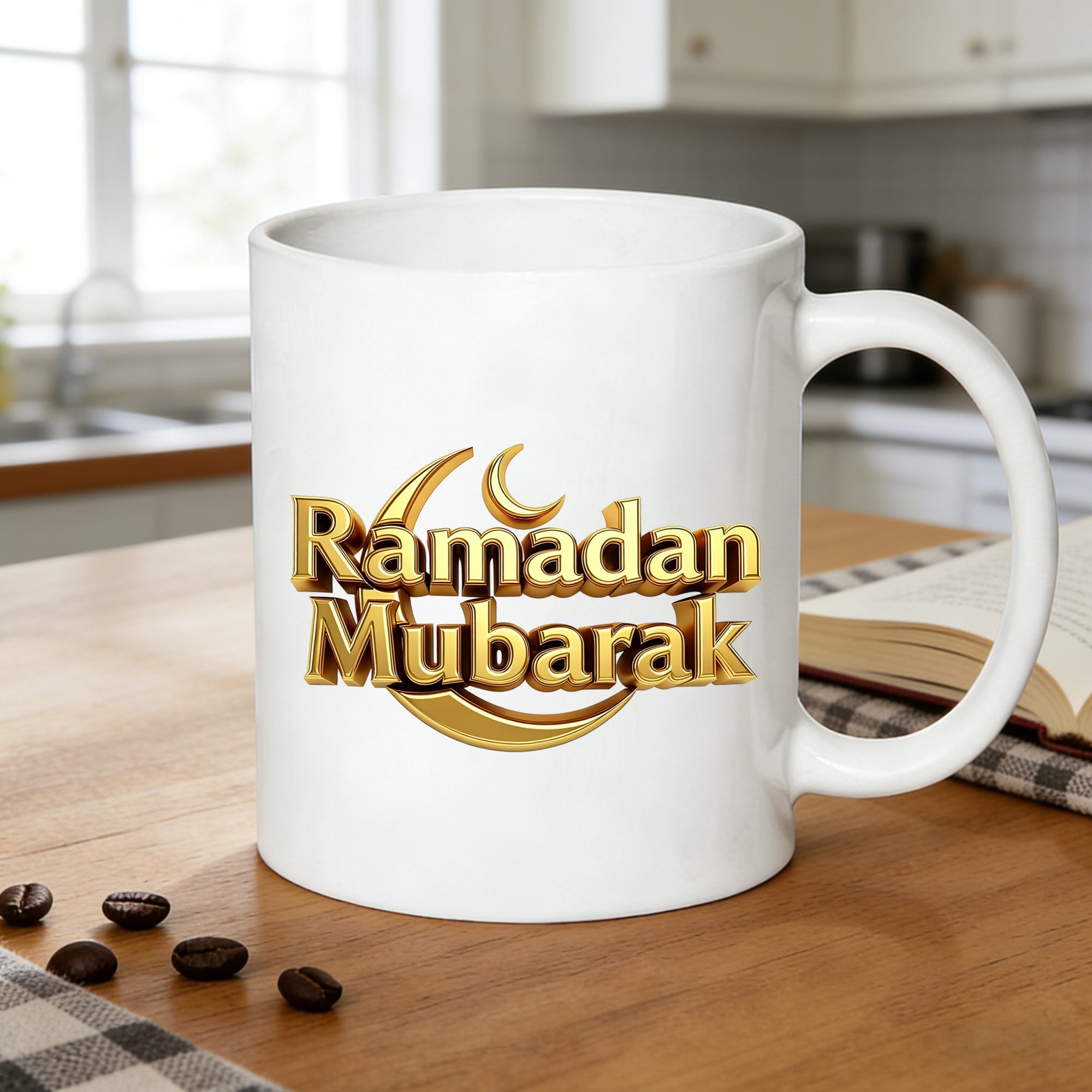Tailorly White Ceramic 11 oz Mug - happy ramadan with 3d golden text