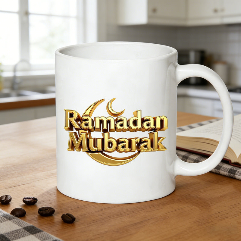 Tailorly White Ceramic 11 oz Mug - happy ramadan with 3d golden text