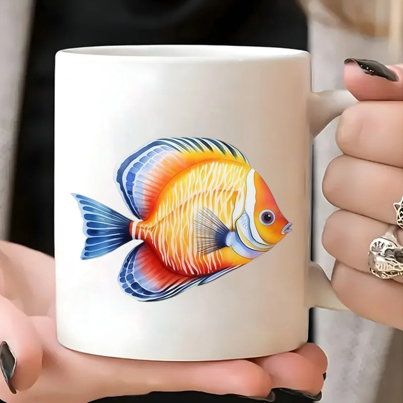 Tailorly White Ceramic 11 oz Mug - vibrant watercolor tropical fish orange blue striped design