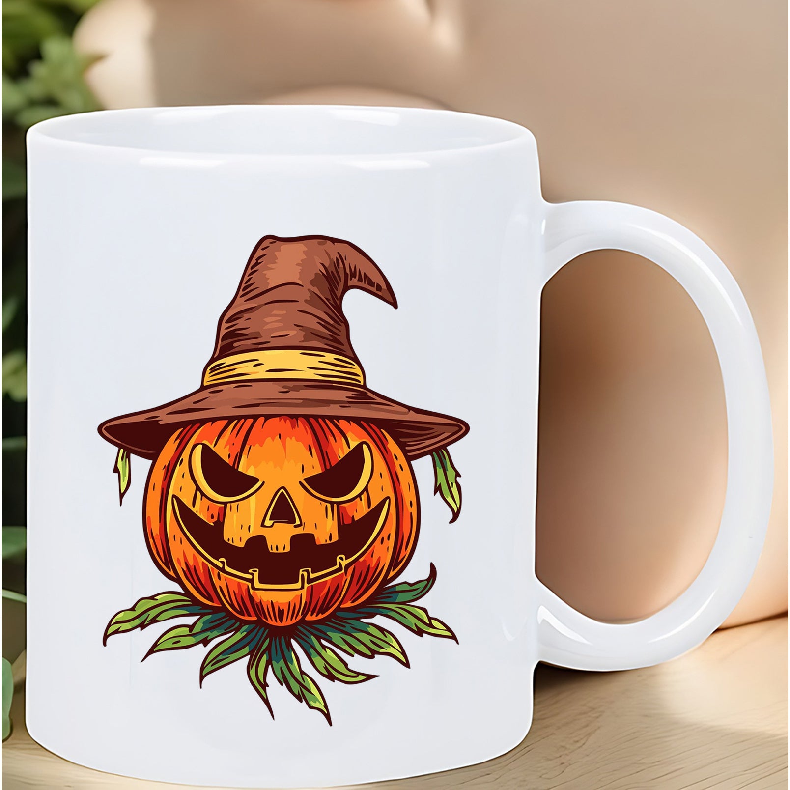 Tailorly White Ceramic 11 oz Mug - halloween pumpkin witch hat