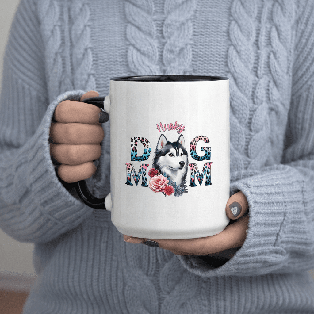 Tailorly Black Accent 11 oz Mug - Dog Mom Floral Leopard Print