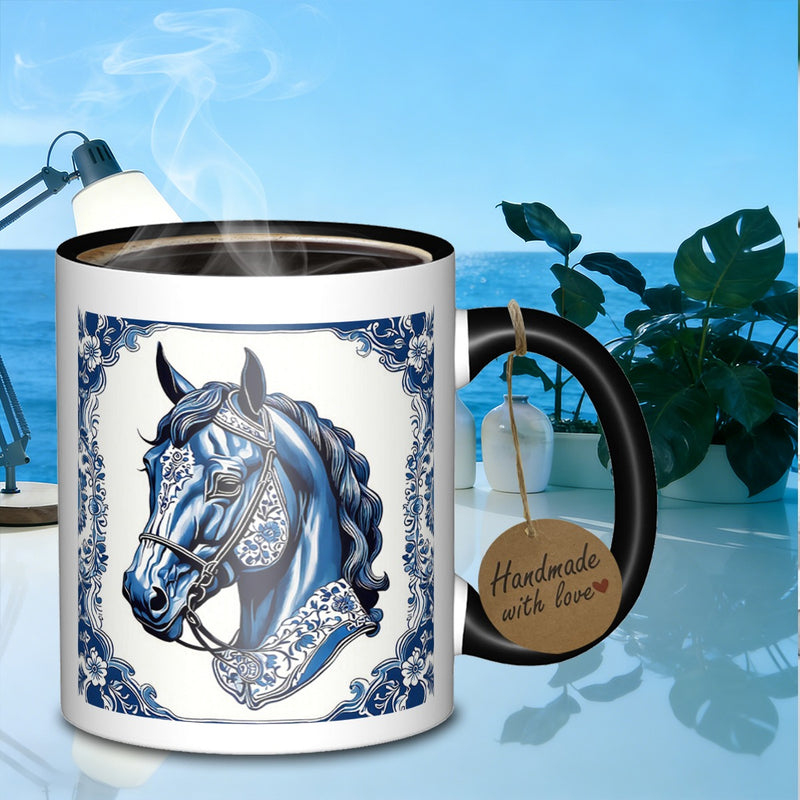 Tailorly Black Accent 11 oz Mug - blue floral horse portrait