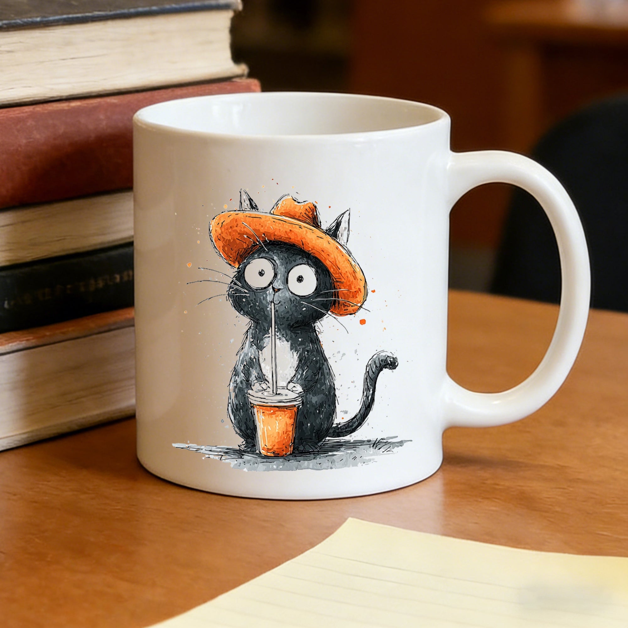 Tailorly White Ceramic 11 oz Mug - black cat watercolor iced beverage cat