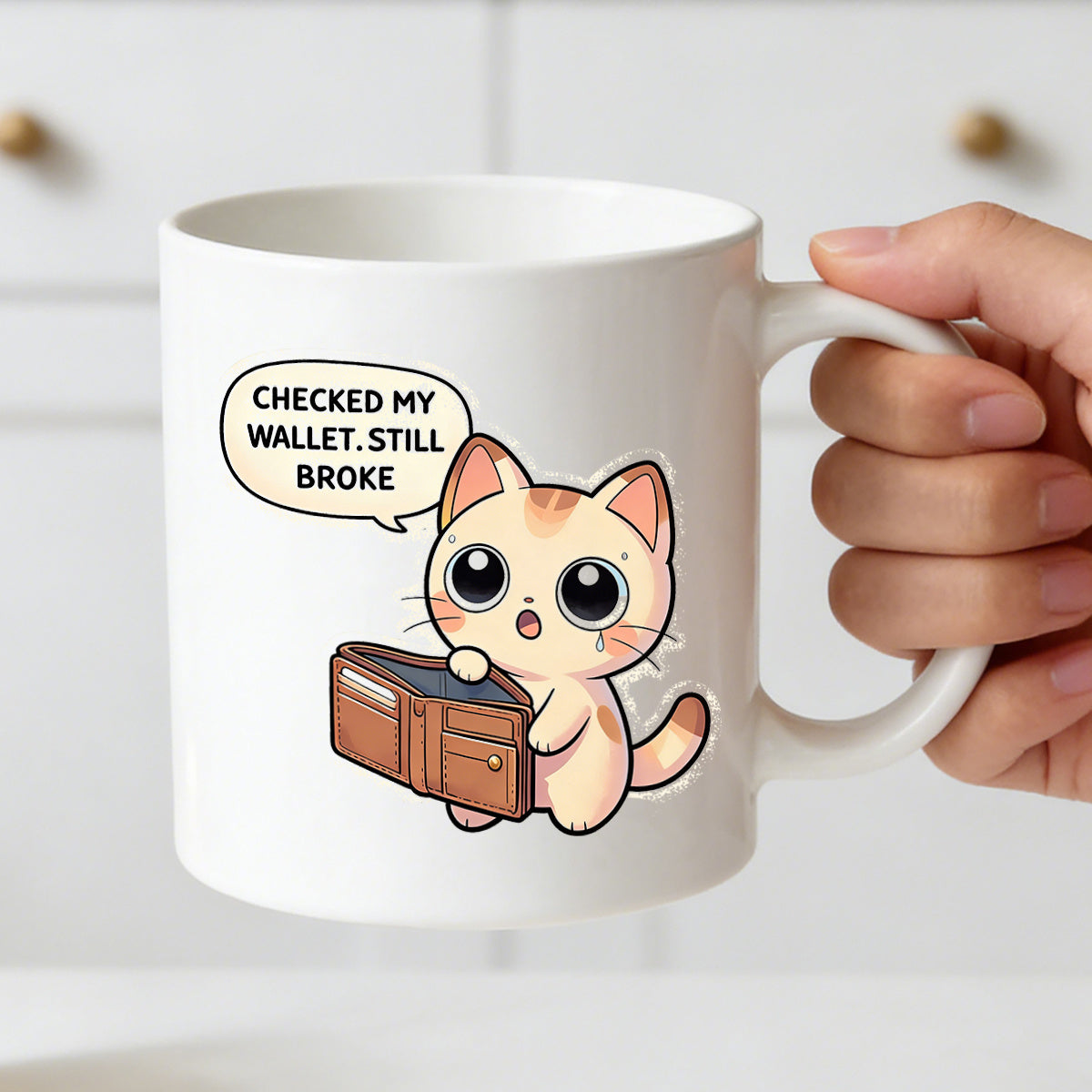 Tailorly White Ceramic 11 oz Mug - broke cat with sad expression