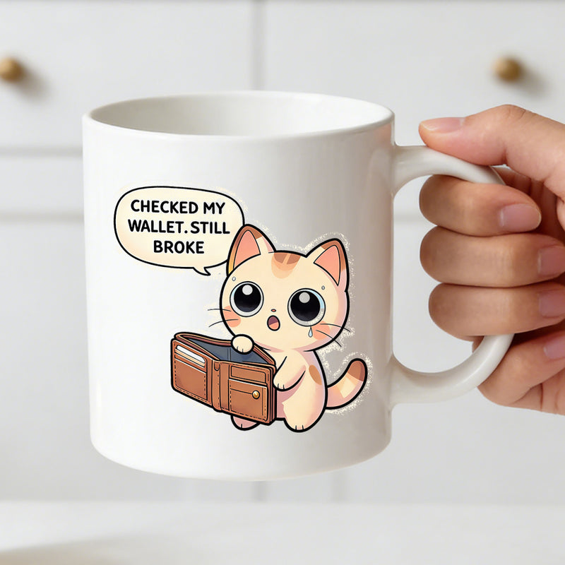 Tailorly White Ceramic 11 oz Mug - broke cat with sad expression