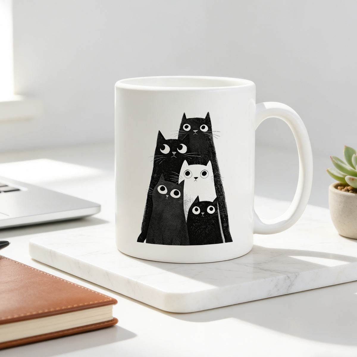 Tailorly White Ceramic 11 oz Mug - adorable cat family