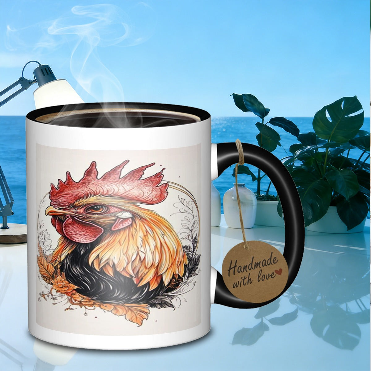 Tailorly Black Accent 11 oz Mug - rooster floral artwork
