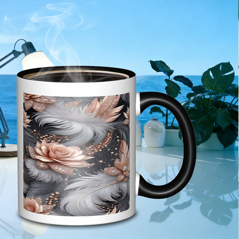 Tailorly Black Accent 11 oz Mug - floral feathers pattern