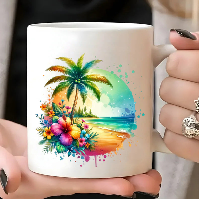 Tailorly White Ceramic 11 oz Mug - tropical tree hibiscus design