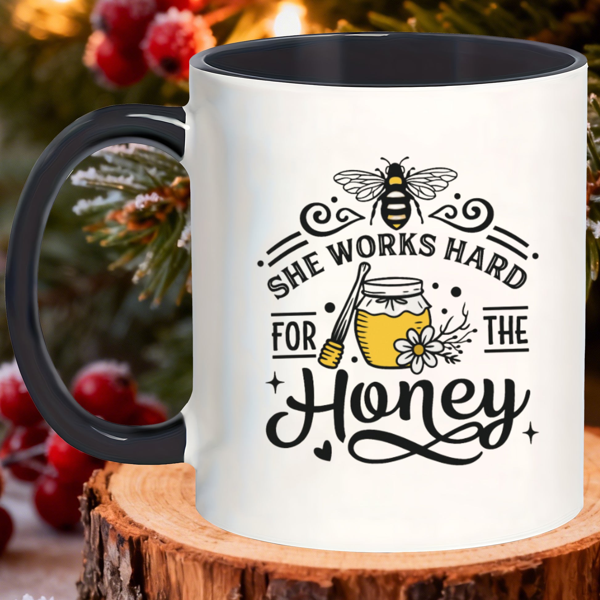 Tailorly Black Accent 11 oz Mug - she works hard for the honey