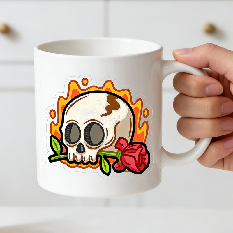 Tailorly White Ceramic 11 oz Mug - skull with red rose and orange flames