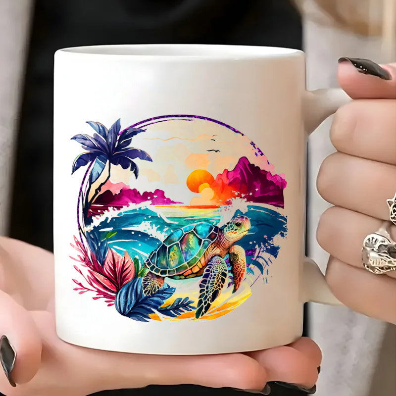 Tailorly White Ceramic 11 oz Mug - vibrant watercolor turtle