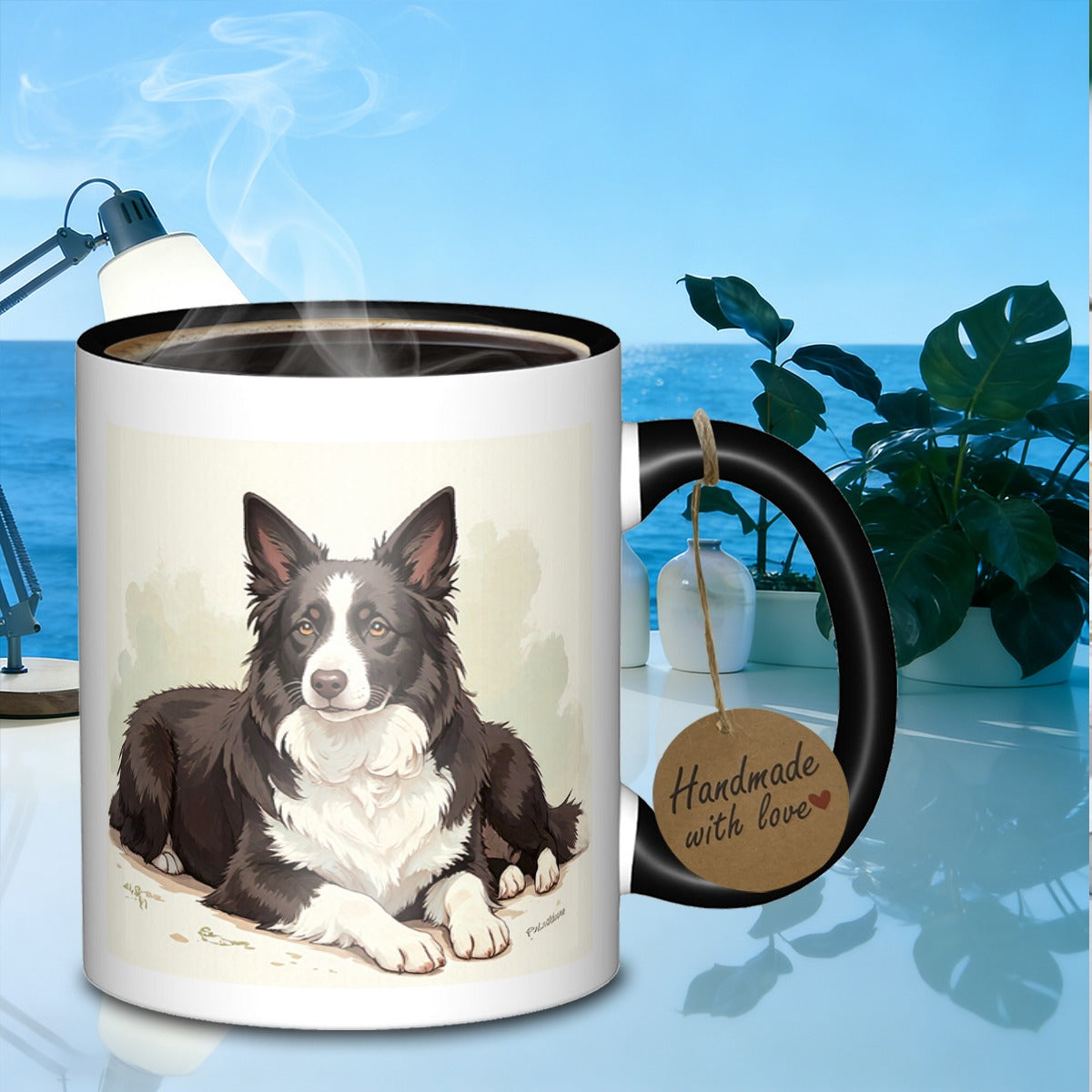 Tailorly Black Accent 11 oz Mug - border collie portrait cooking utensils illustrations