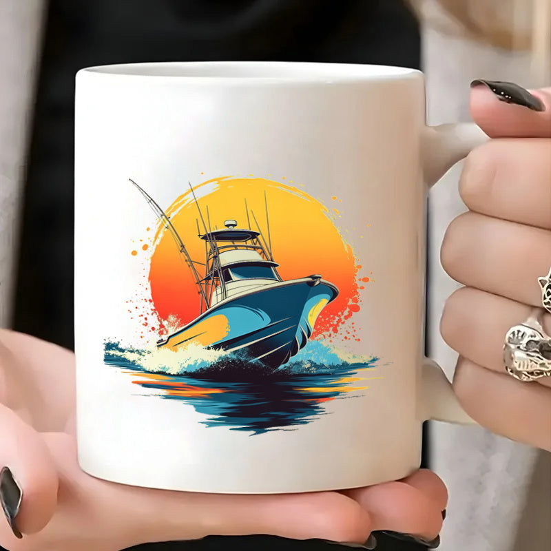 Tailorly White Ceramic 11 oz Mug - retro nautical fishing boat