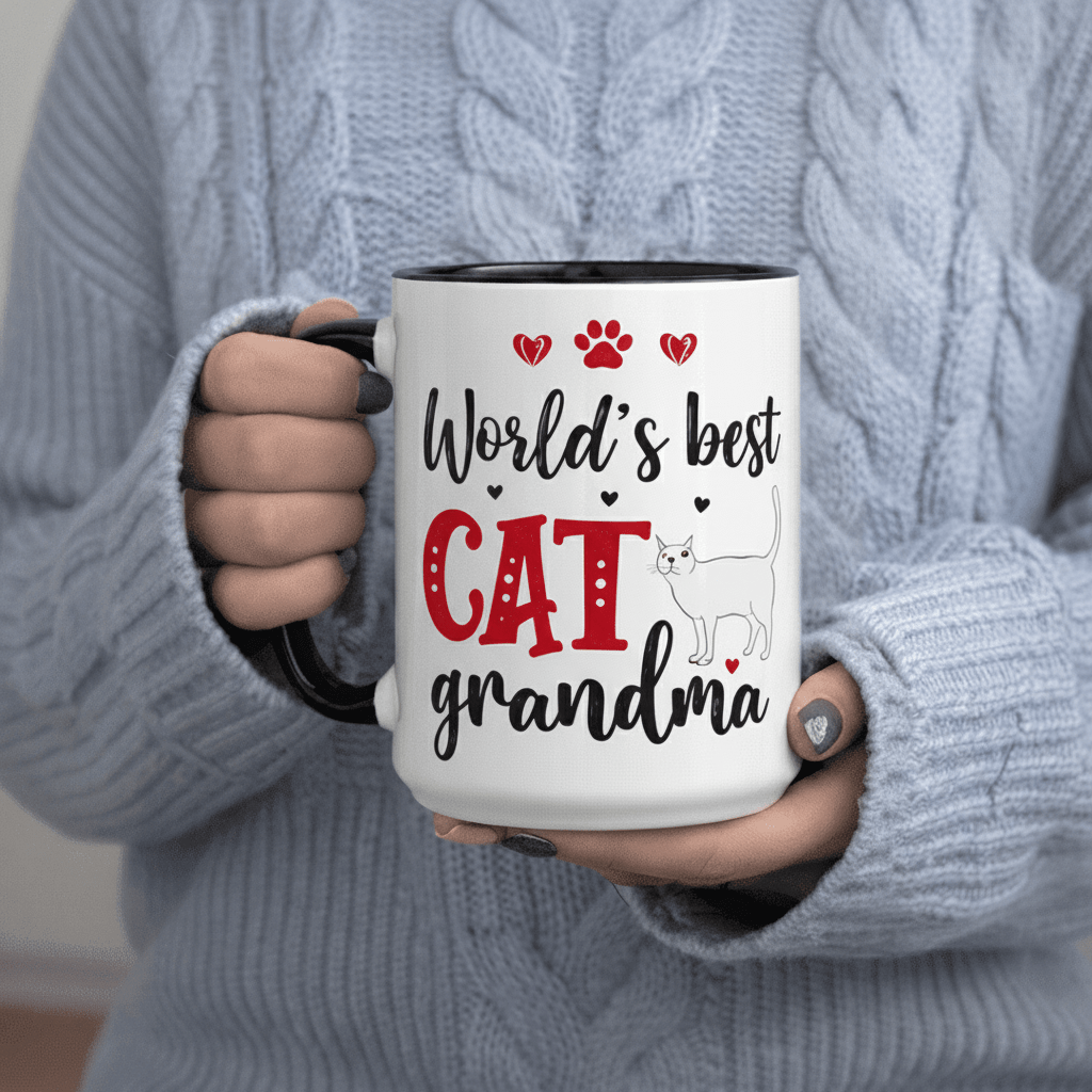 Tailorly Black Accent 11 oz Mug - World s Best Cat Grandma Adorable Feline Lover Gift text with cat illustration