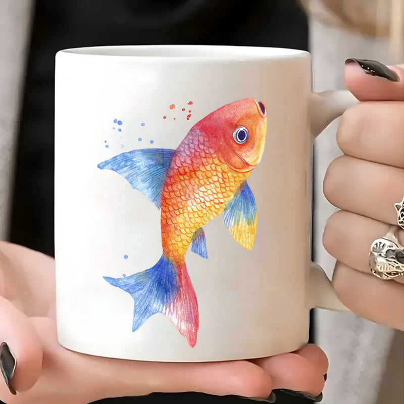 Tailorly White Ceramic 11 oz Mug - hand painted watercolor red goldfish with orange scales and blue fins aquatic themed