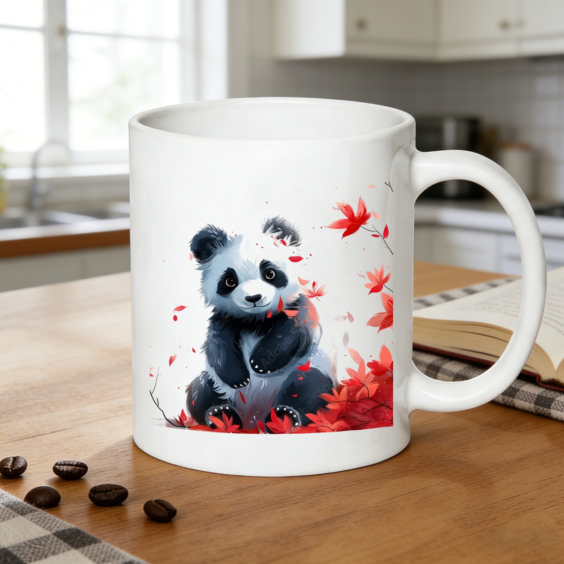 Tailorly White Ceramic 11 oz Mug - leaves chinese ink artwork panda eastern wildlife