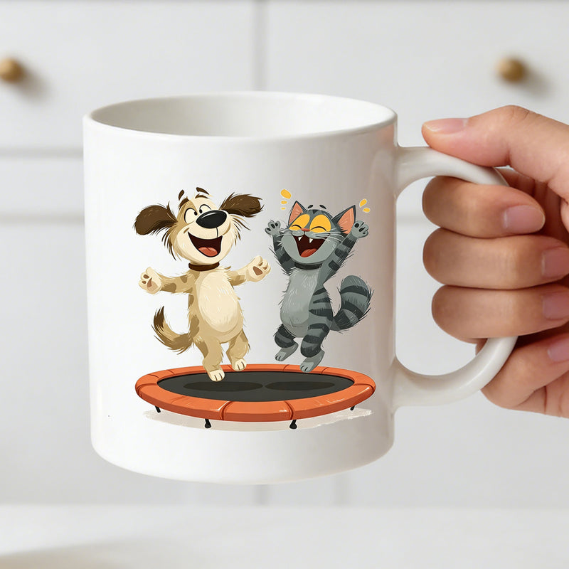 Tailorly White Ceramic 11 oz Mug - cat trampoline