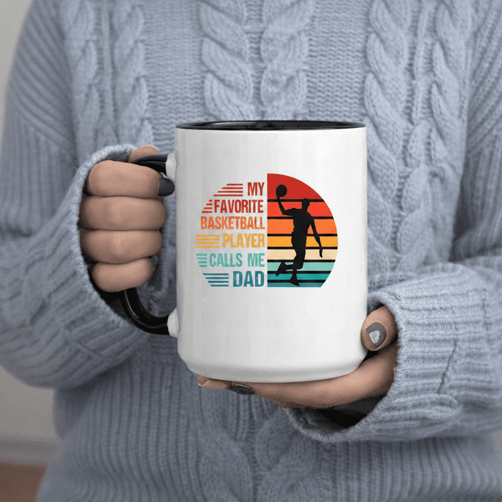 Tailorly Black Accent 11 oz Mug - Basketball player， "Calls Me Dad" text， retro sunset