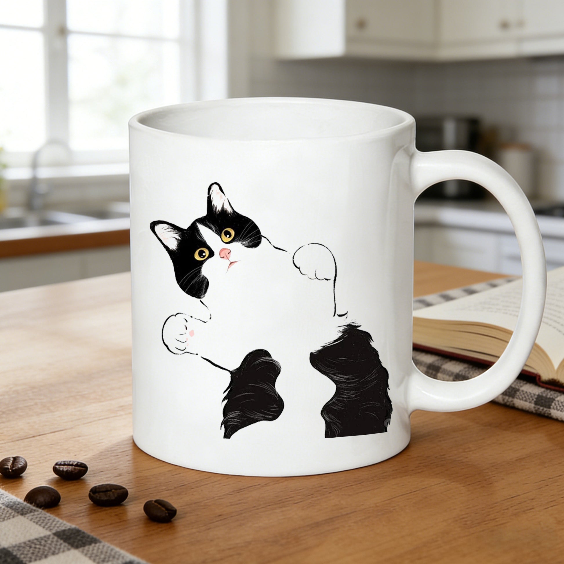 Tailorly White Ceramic 11 oz Mug - cute tuxedo cat cartoon print