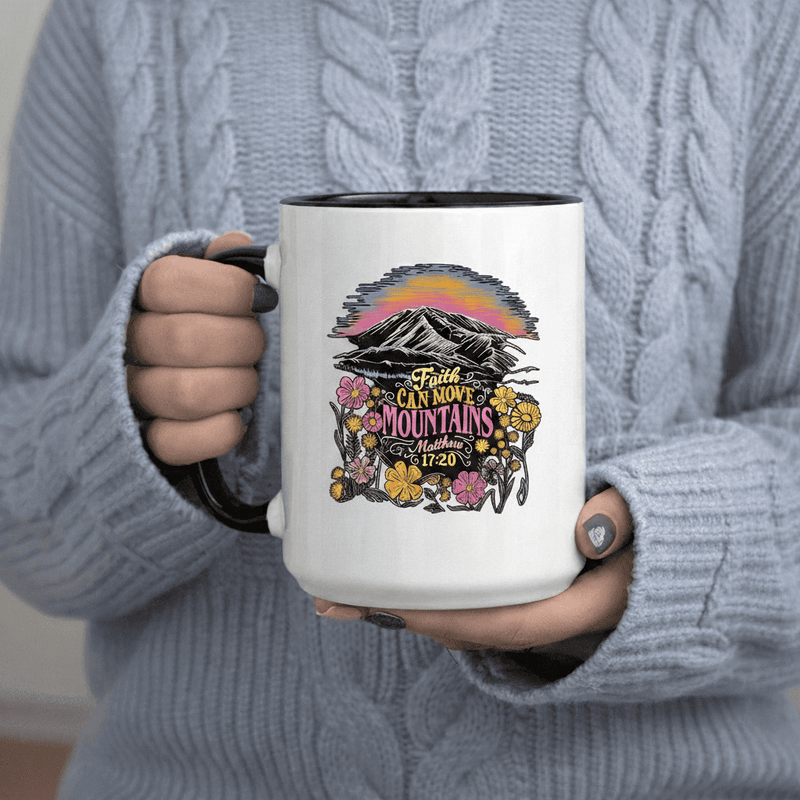 Tailorly Black Accent 11 oz Mug - Faith Can 1720 Floral Mountain Sunset