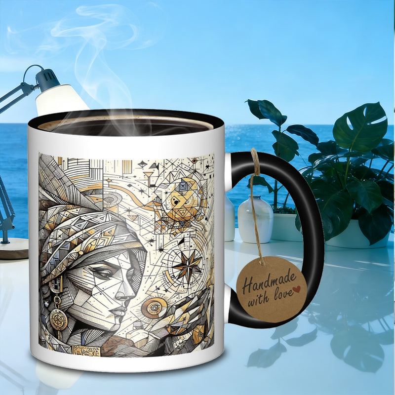 Tailorly Black Accent 11 oz Mug - celestial artwork of an ancient tribal
