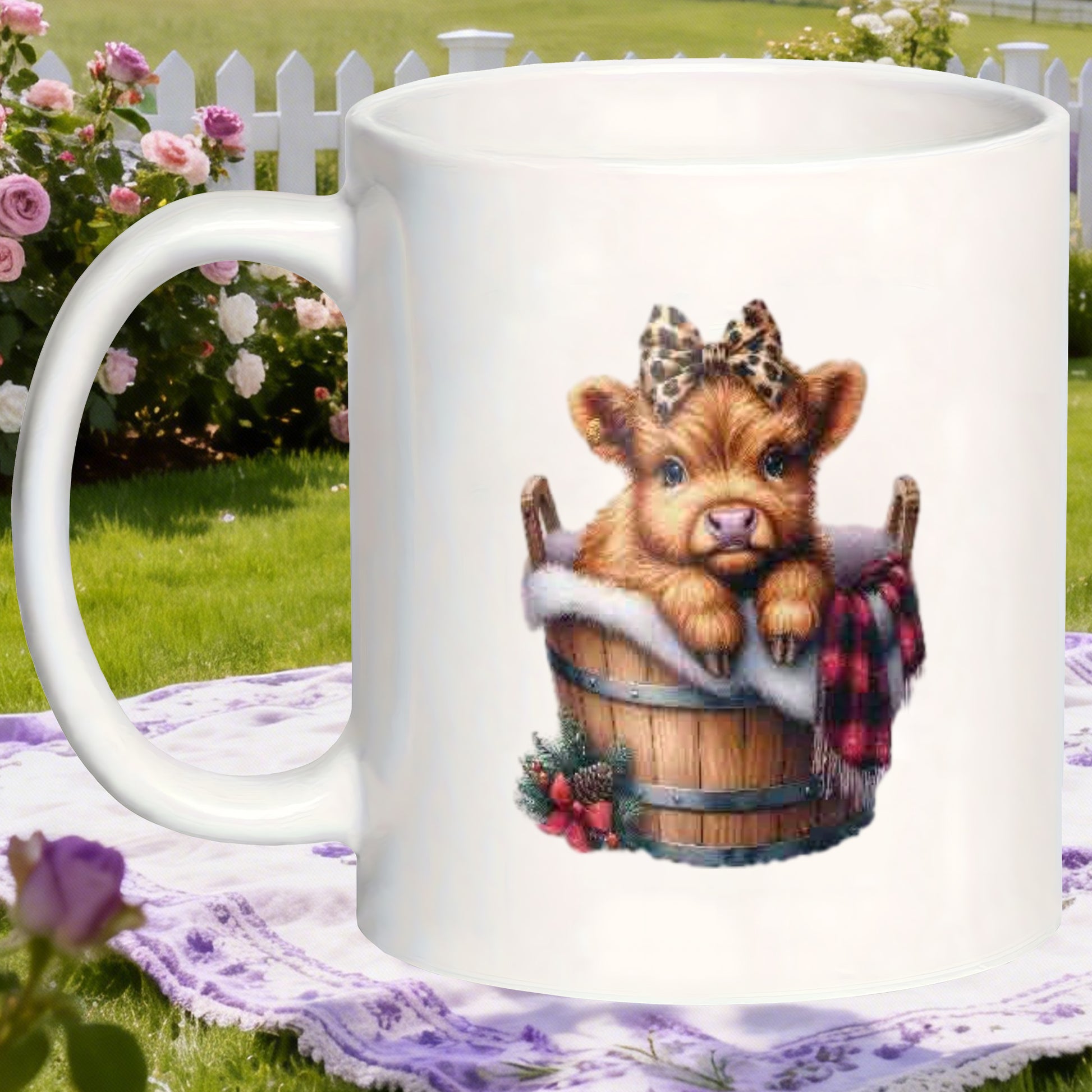 Tailorly White Ceramic 11 oz Mug - scottish highland calves