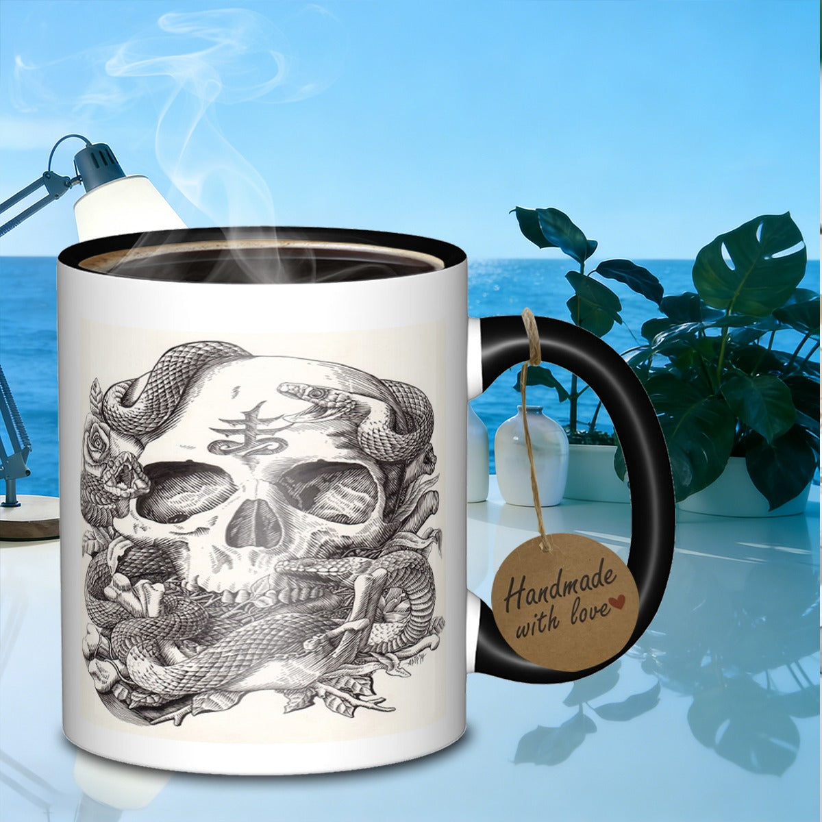 Tailorly Black Accent 11 oz Mug - skull and embrace design