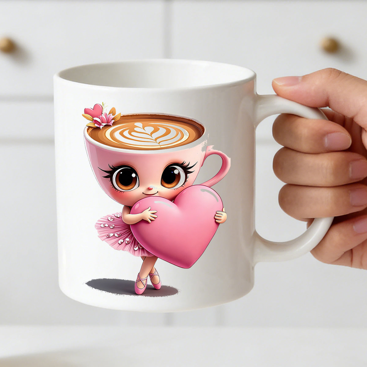 Tailorly White Ceramic 11 oz Mug - cute coffee cup ballerina and latte