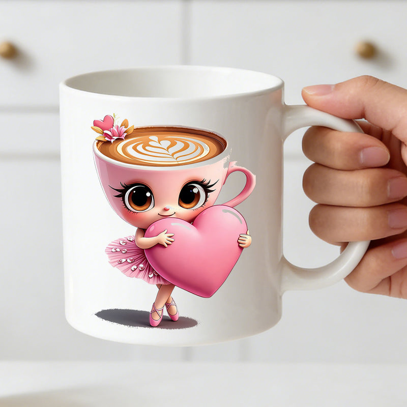 Tailorly White Ceramic 11 oz Mug - cute coffee cup ballerina and latte