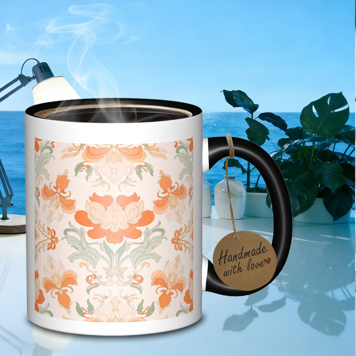 Tailorly Black Accent 11 oz Mug - floral damask design