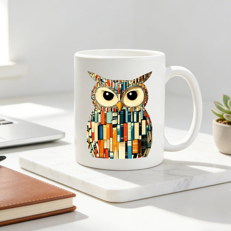 Tailorly White Ceramic 11 oz Mug - bookshelf owl