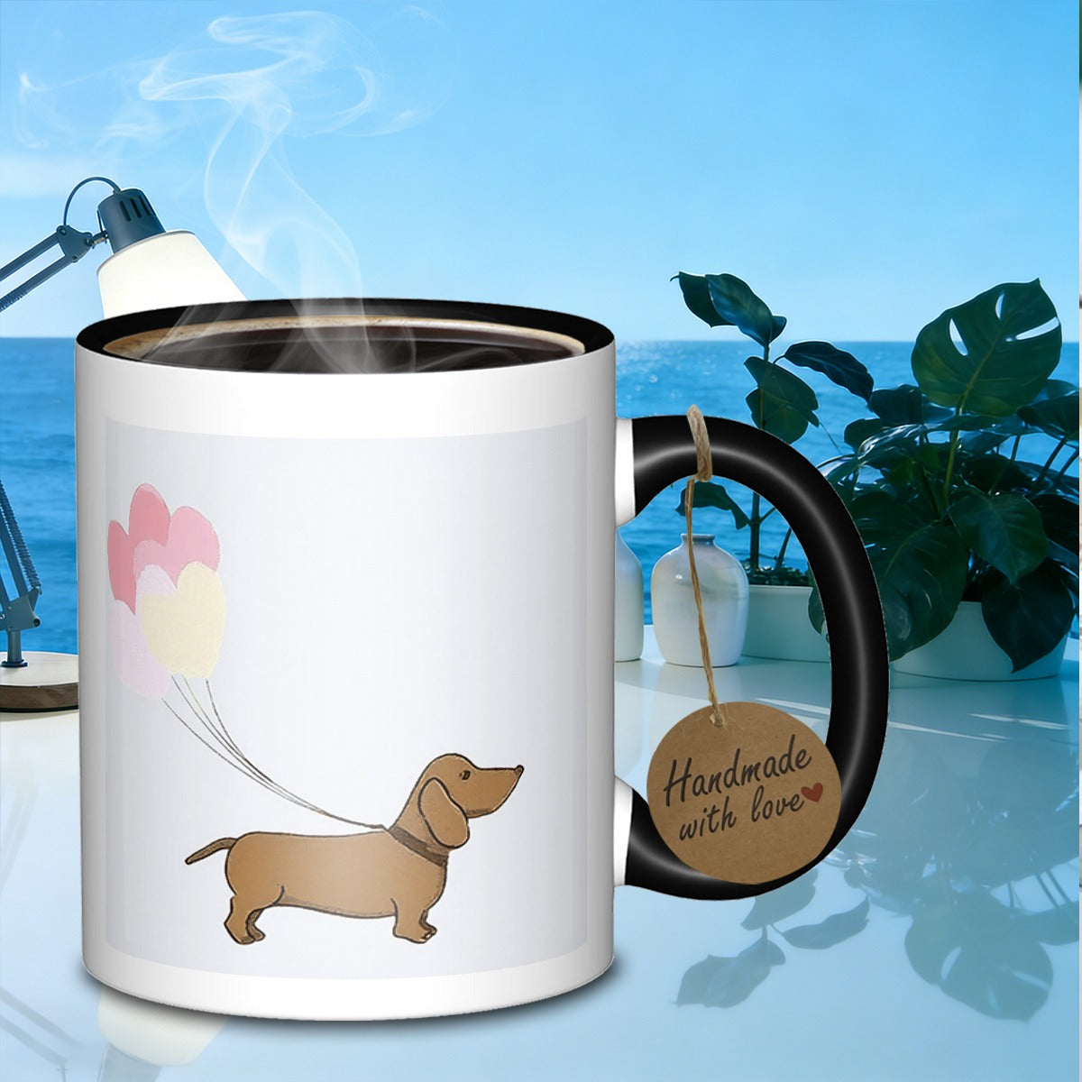 Tailorly Black Accent 11 oz Mug - a dachshund with heart shaped balloons