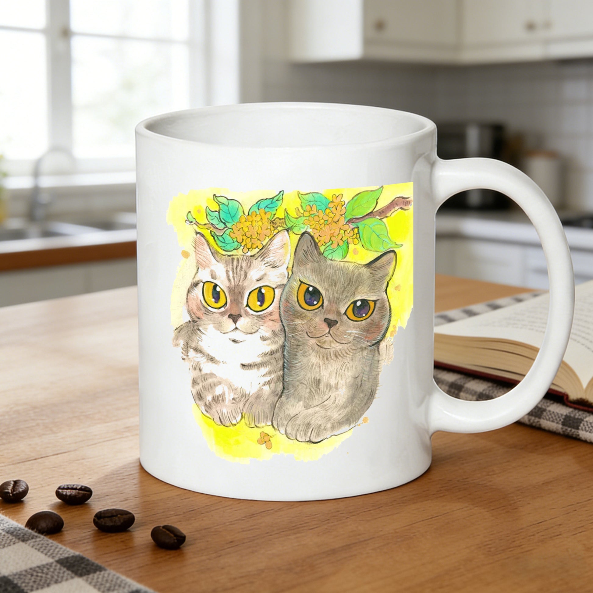 Tailorly White Ceramic 11 oz Mug - watercolor cats and osmanthus flowers