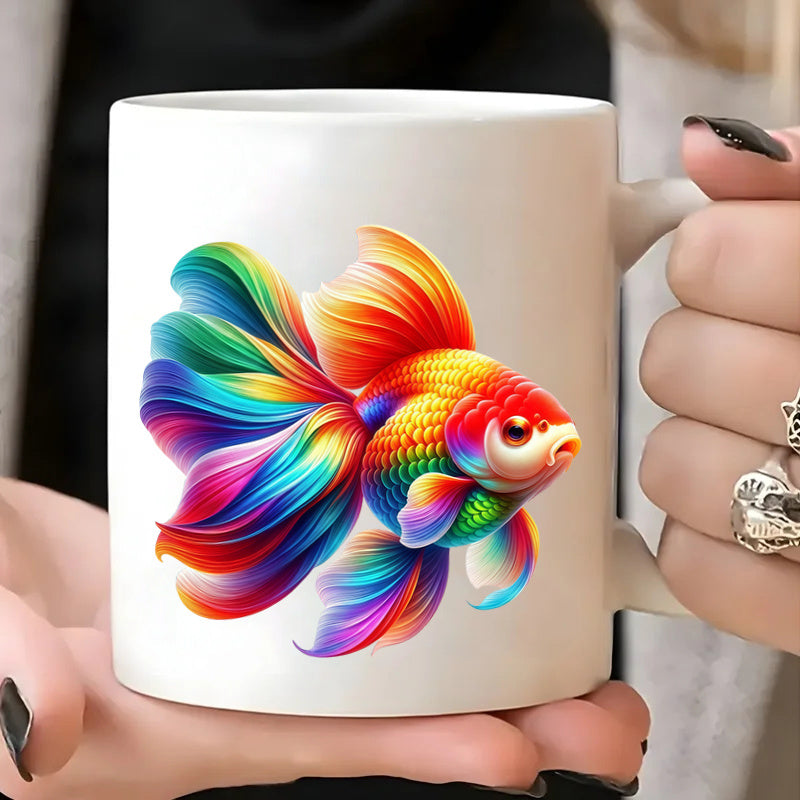 Tailorly White Ceramic 11 oz Mug - psychedelic rainbow tropical goldfish with flowing fins and scales