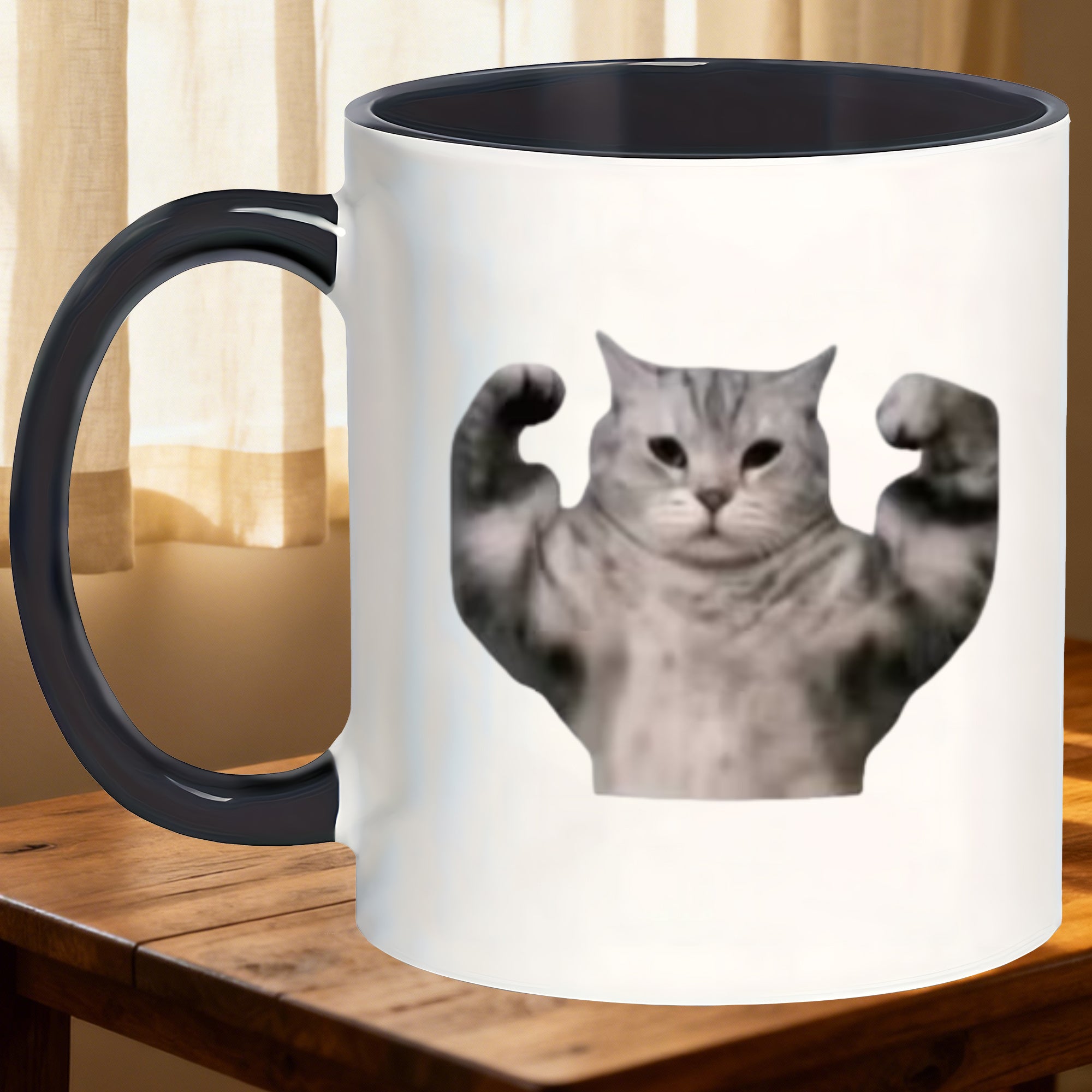 Tailorly Black Accent 11 oz Mug - black handle cat weightlifting