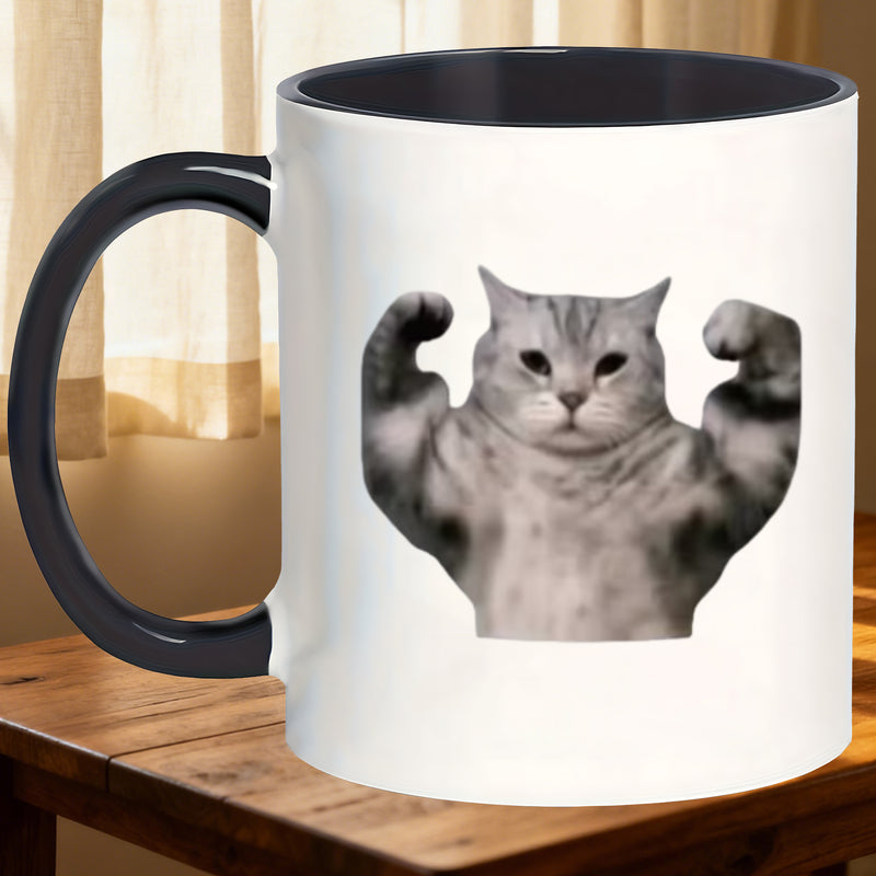 Tailorly Black Accent 11 oz Mug - black handle cat weightlifting