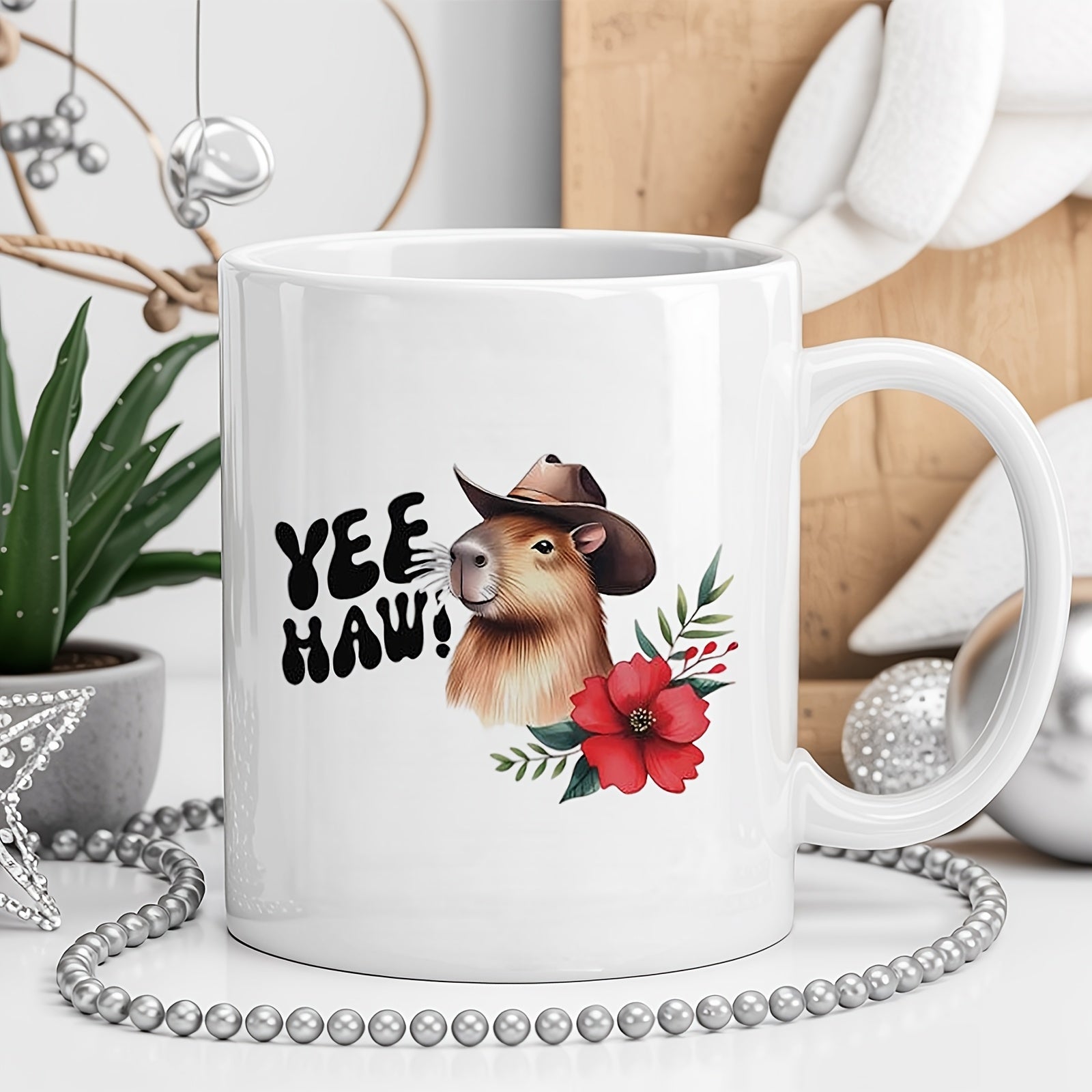 Tailorly White Ceramic 11 oz Mug - cowboy cap capyra artwork