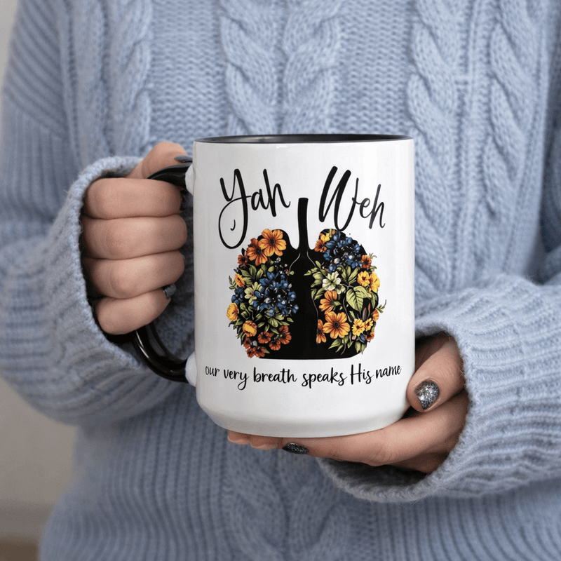 Tailorly Black Accent 11 oz Mug - our very breath speaks his name floral lung design