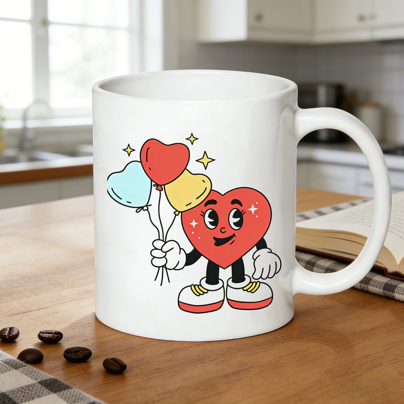Tailorly White Ceramic 11 oz Mug - 11oz vintage heart shaped mug love heart with balloons coffee cup present for valentines day anniversaries 70s