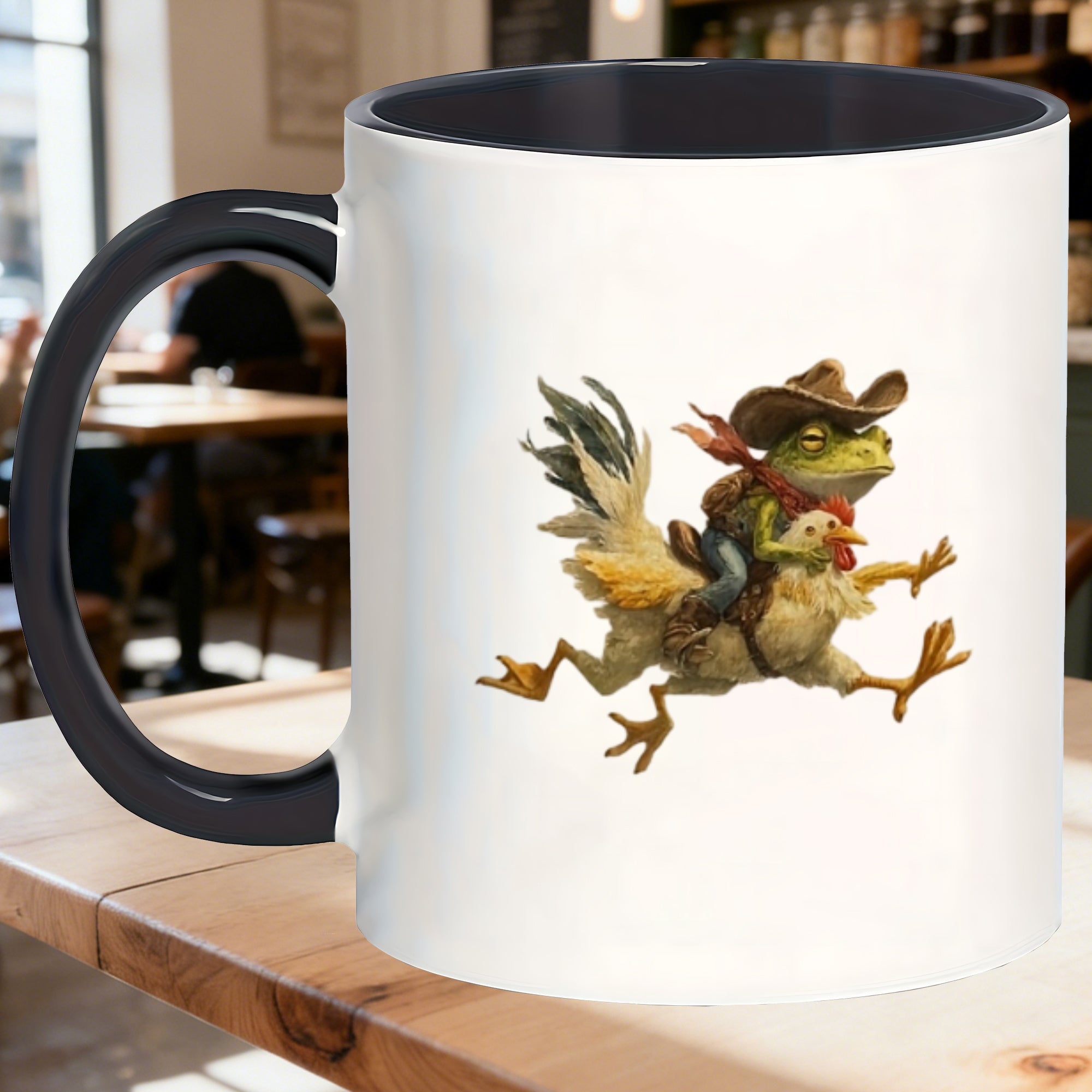 Tailorly Black Accent 11 oz Mug - frog and chicken design