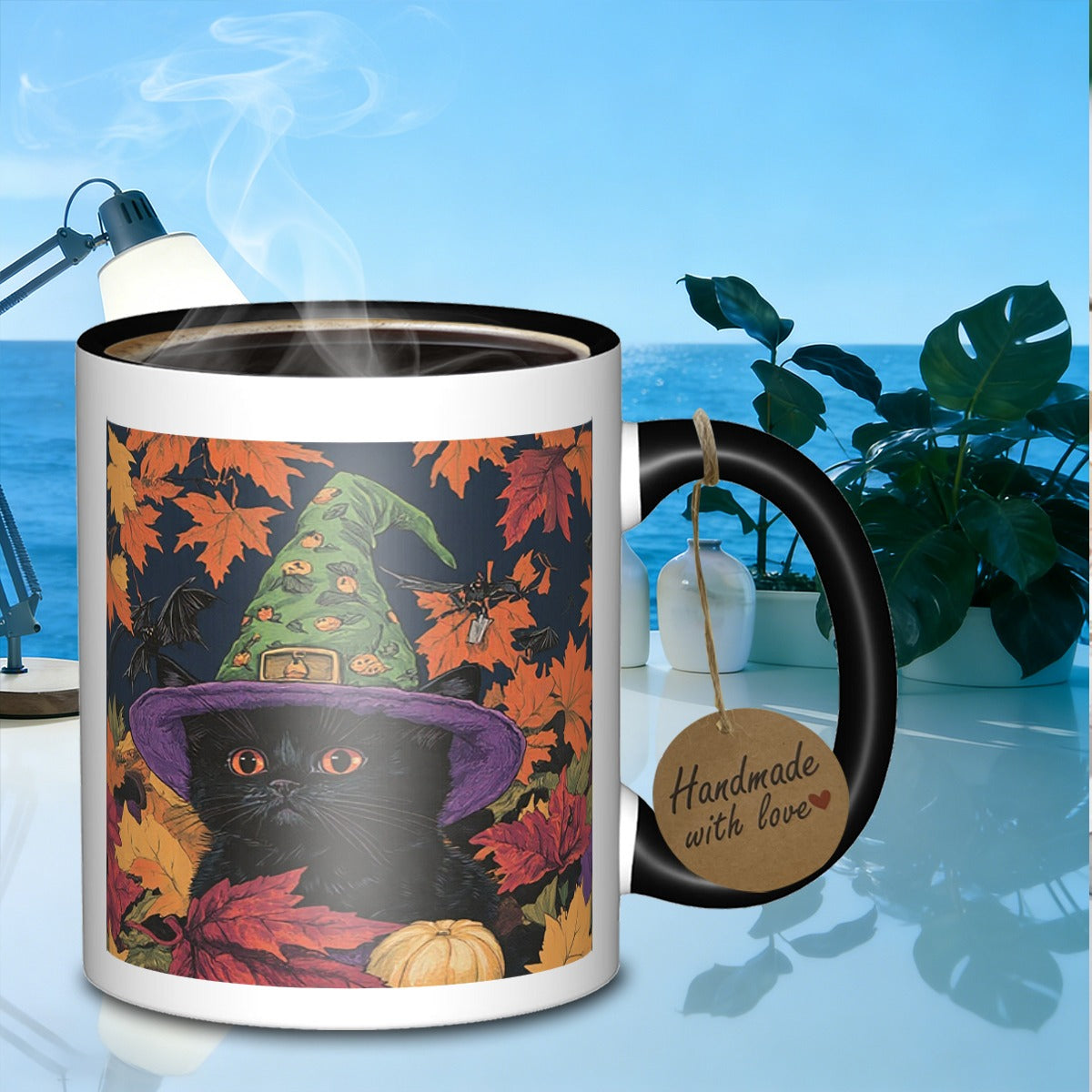Tailorly Black Accent 11 oz Mug - black cat witch fall leavesminimalist everyday mug galaxy coffee mug suitable for daily work outdoor trips travel and