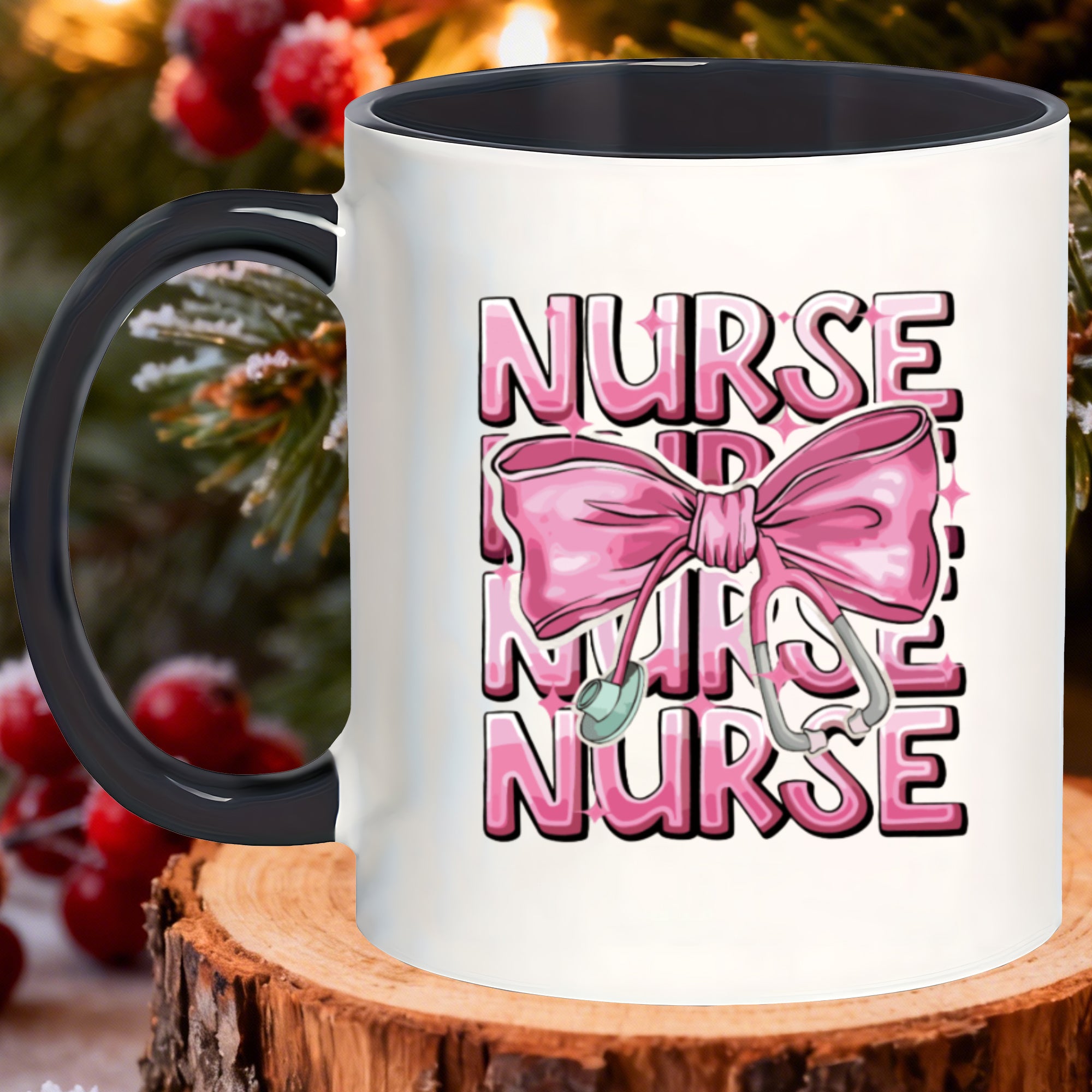Tailorly Black Accent 11 oz Mug - nurse themed with pink bow