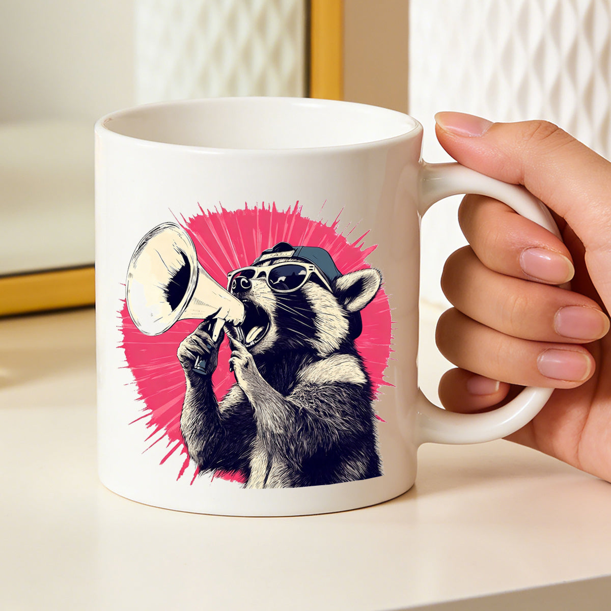Tailorly White Ceramic 11 oz Mug - raccoon with megaphone and fashion glasses