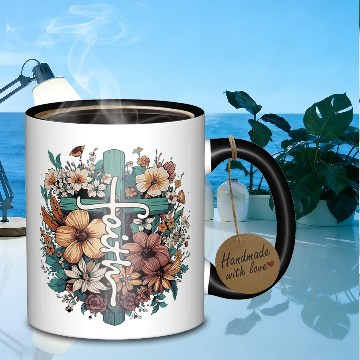 Tailorly Black Accent 11 oz Mug - faith floral cross quality daily use mug tumbler ideal for everyday tasks it a great gift_e80257aa62ab4410bee6cae9c778c931 faith