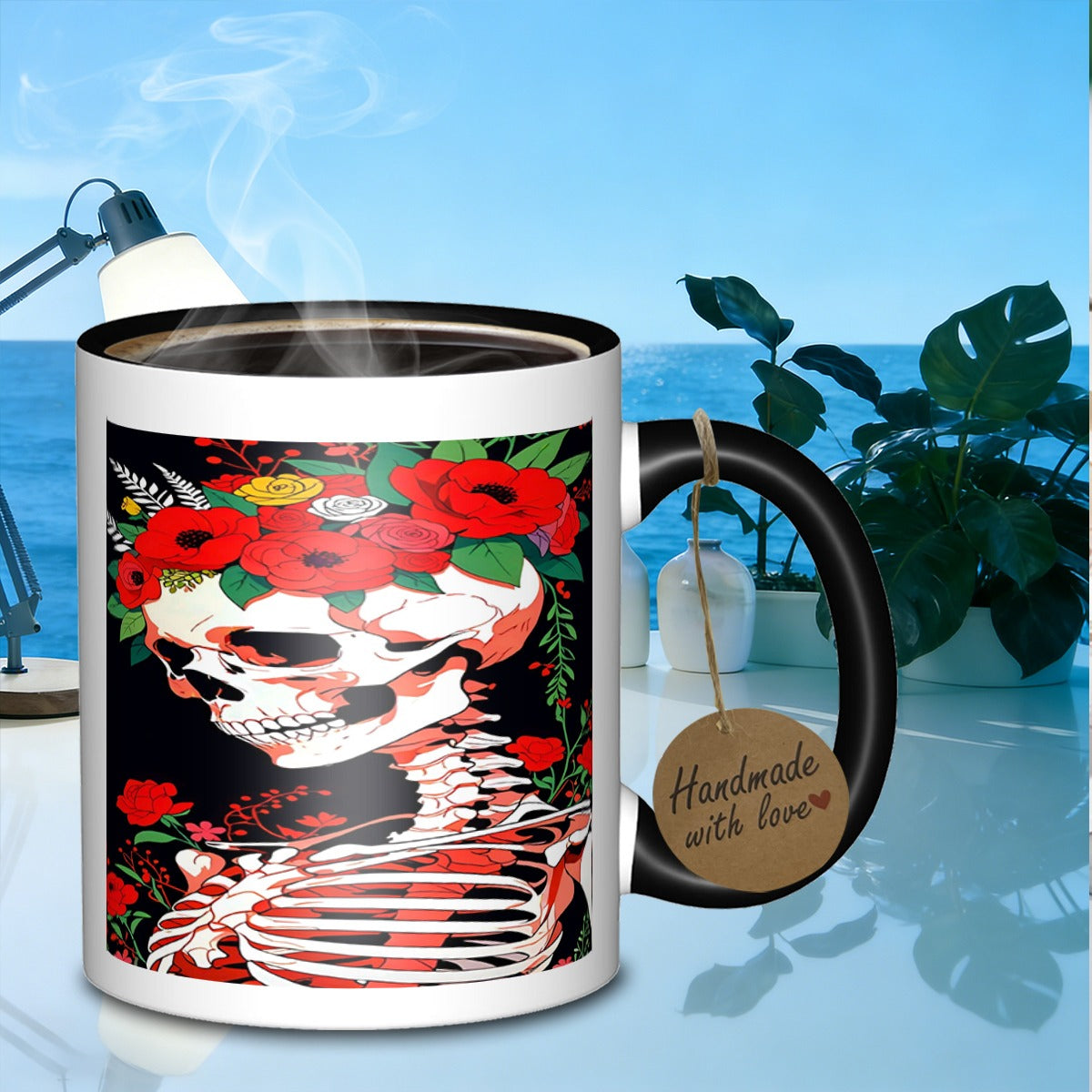 Tailorly Black Accent 11 oz Mug - skeleton floral wreath