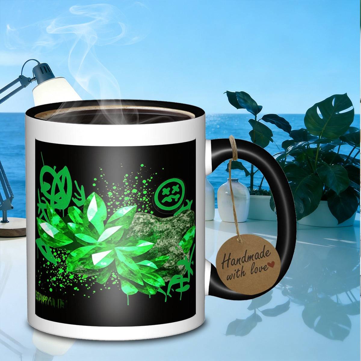 Tailorly Black Accent 11 oz Mug - green gemstone graffiti art